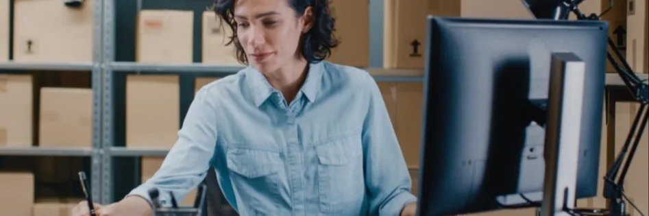 Person in light blue shirt working at computer desk with cardboard boxes stacked in the background of a warehouse.