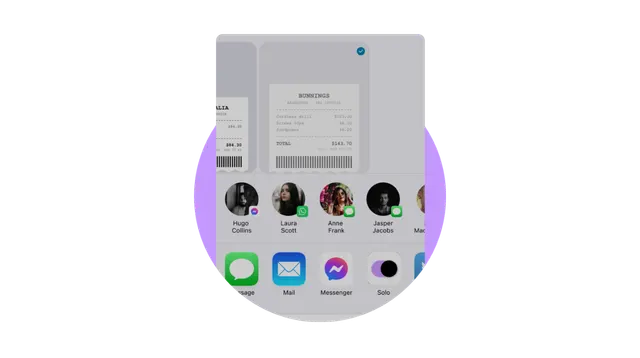 A smartphone screen showing a Bunnings receipt being shared via iOS share sheet with contacts and apps like Mail and Messenger.