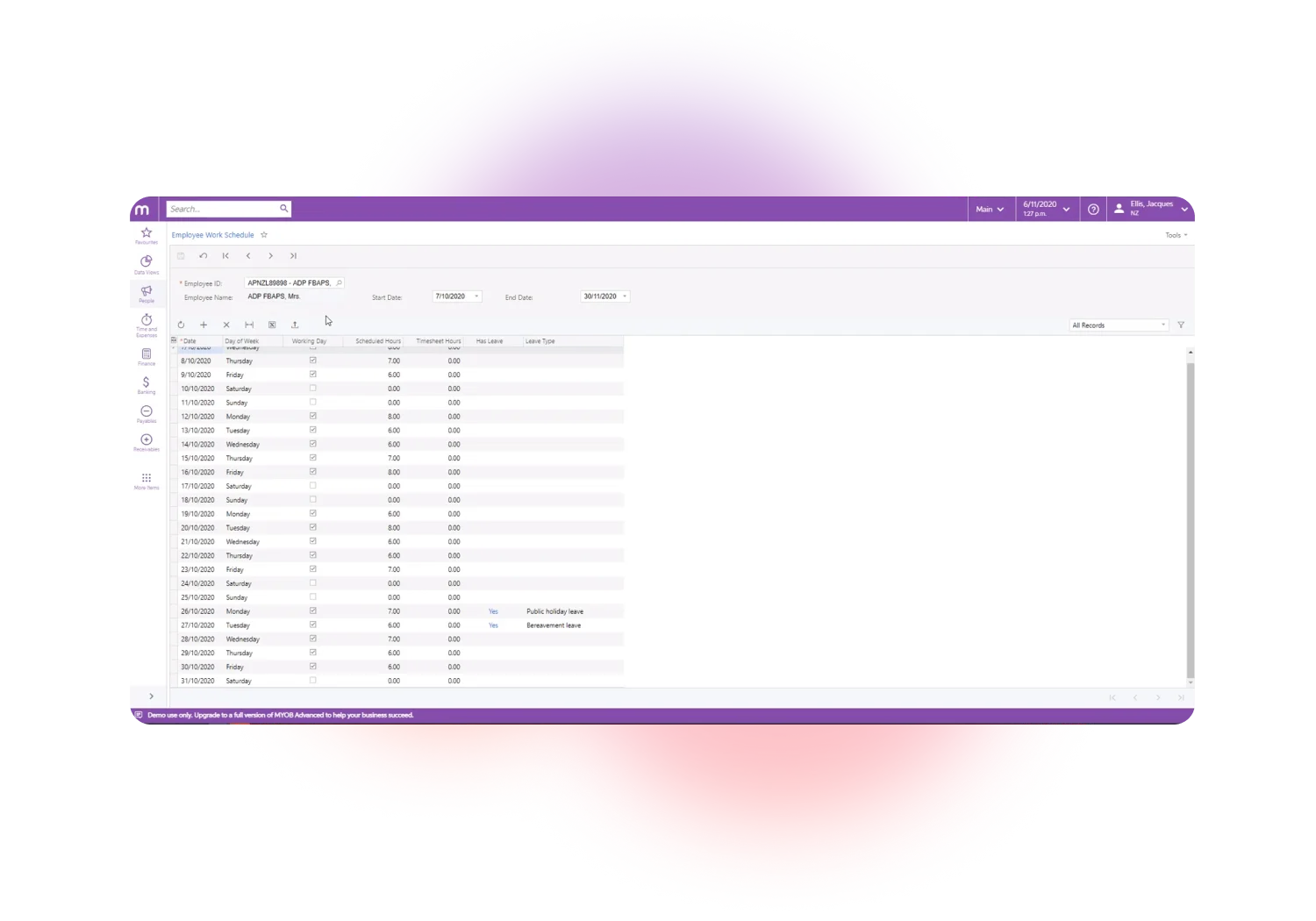 User interface of MYOB Advanced Payroll shows an employee work schedule with timesheet dates and details. 