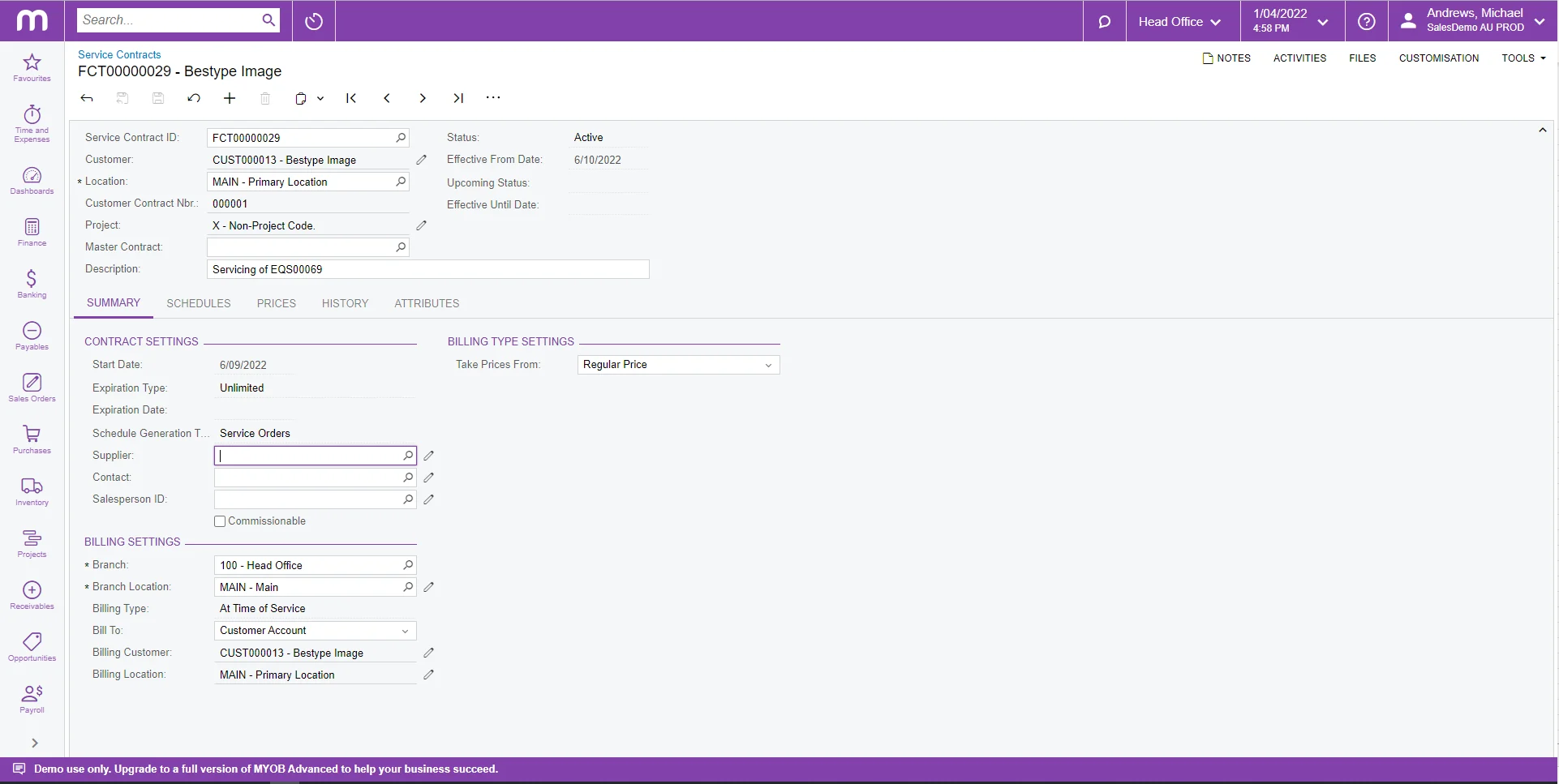 Quickly access service contracts with details about the customer, location, contract and billing information in a click.