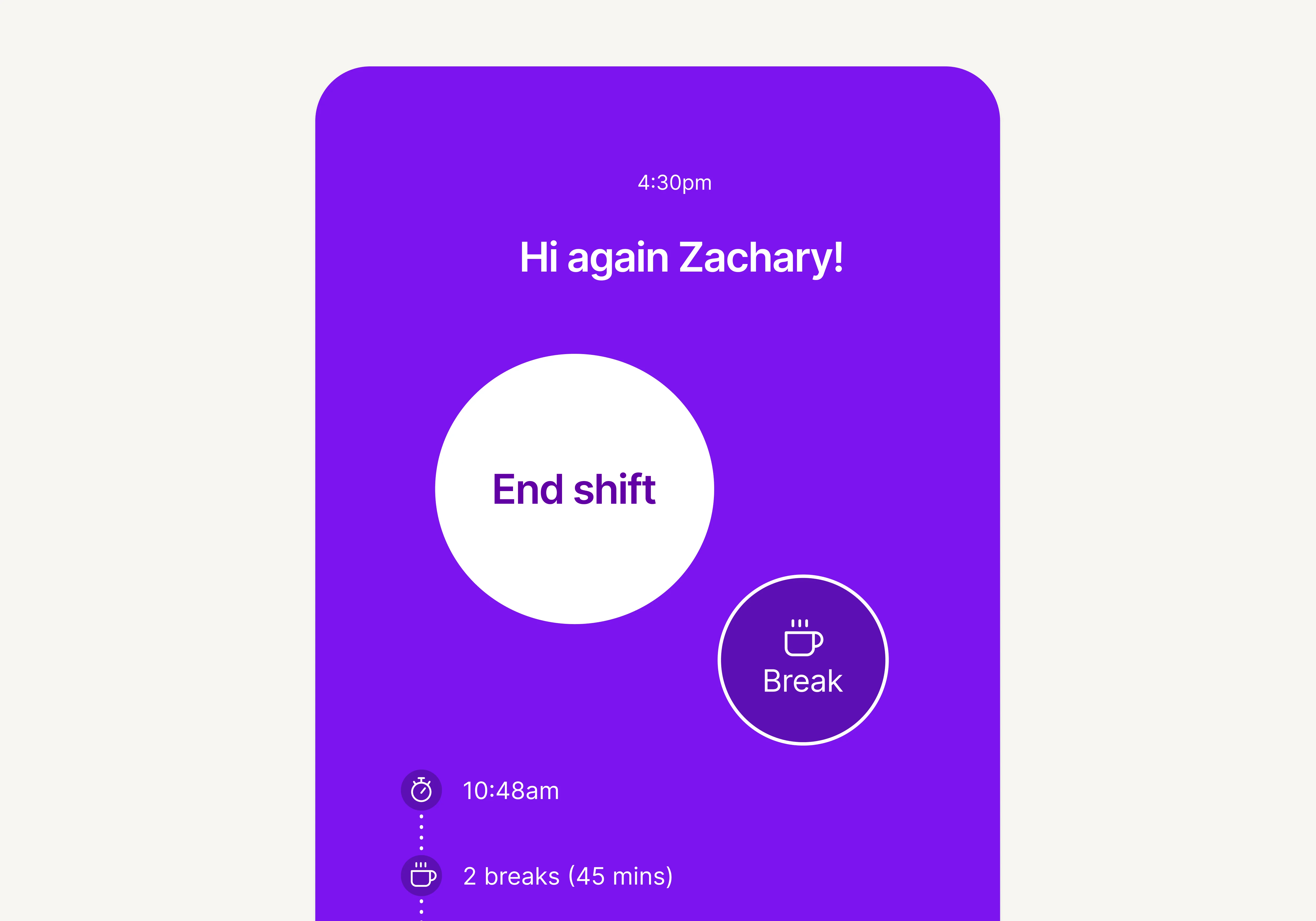 MYOB Team app "clock on" screen.
