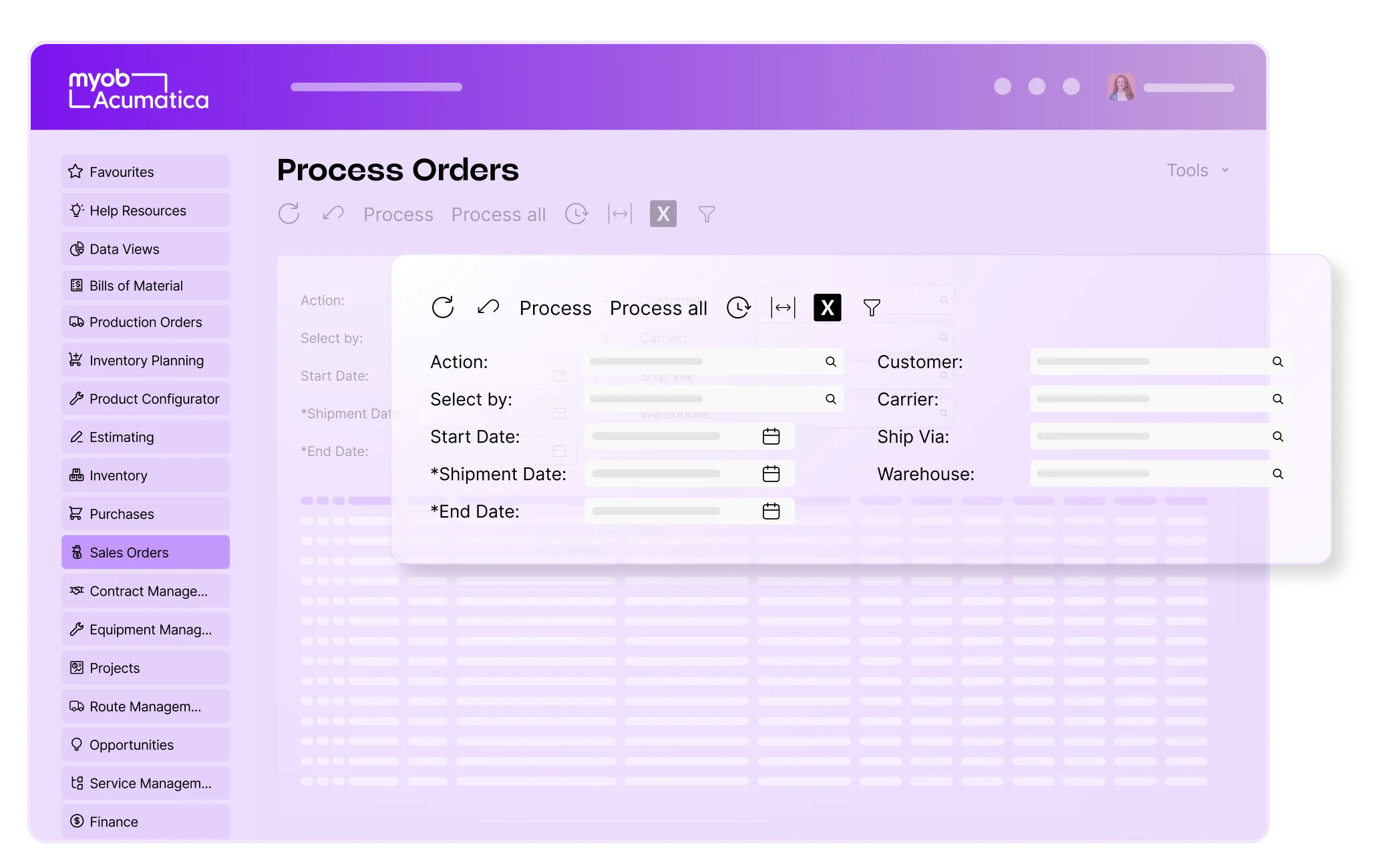 MYOB Acumatica Process Orders interface with filter options and navigation menu on a purple background.