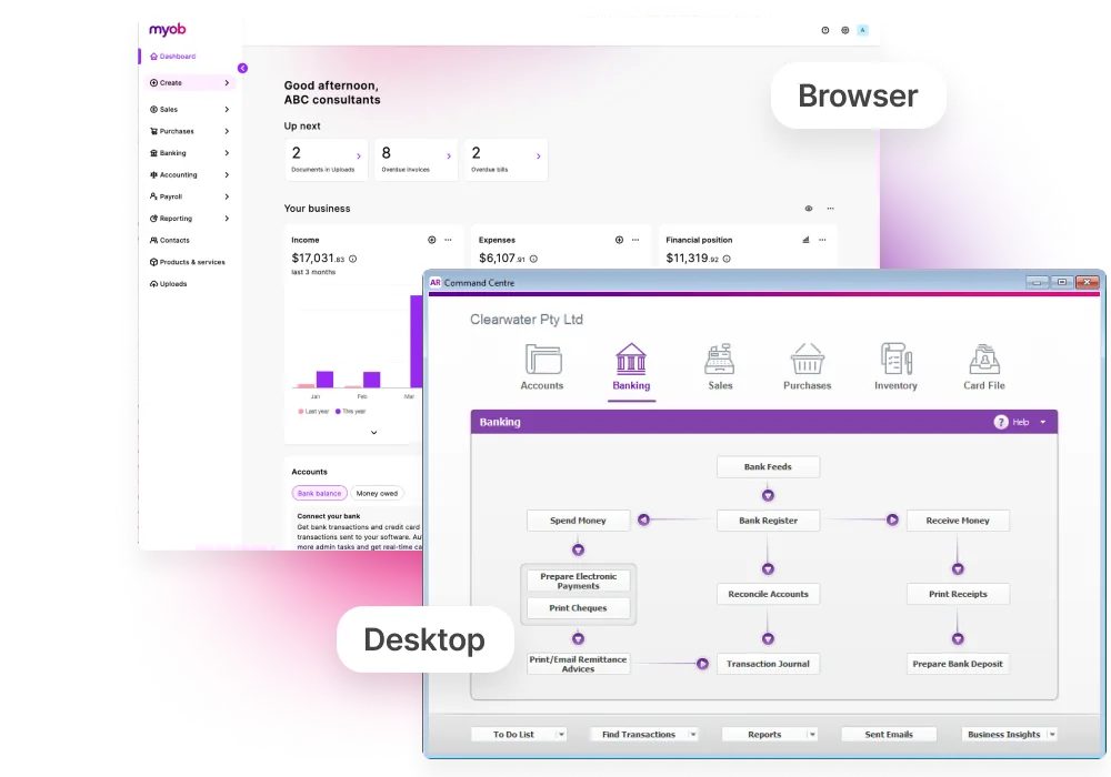 A view of the browser and desktop versions of MYOB Business.