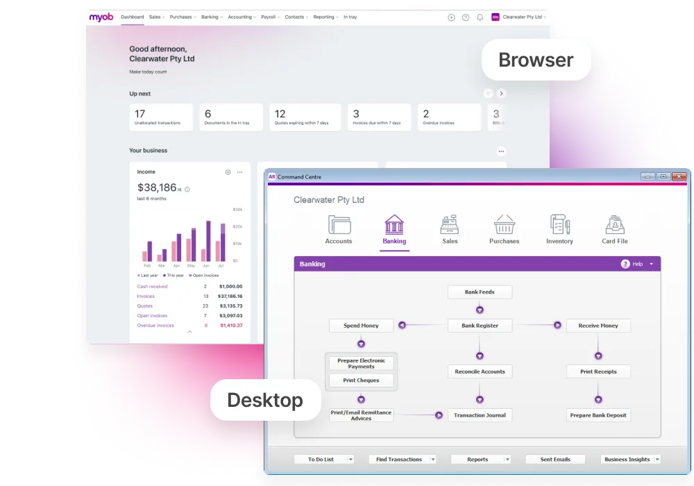 A view of the browser and desktop versions of MYOB Business.