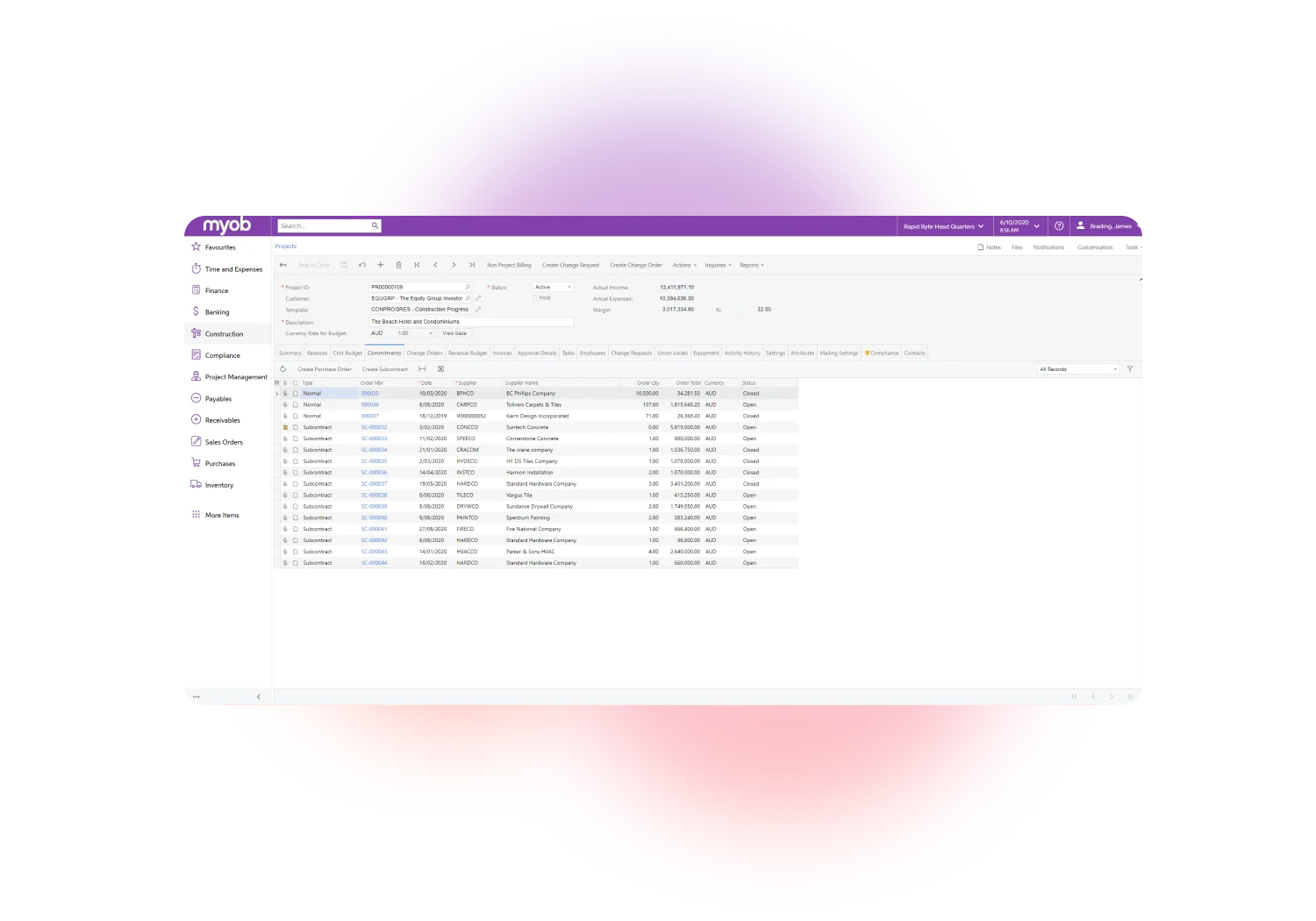 A screenshot of the MYOB Acumatica Construction Edition dashboard, featuring project and customer information, order activity and supplier details.