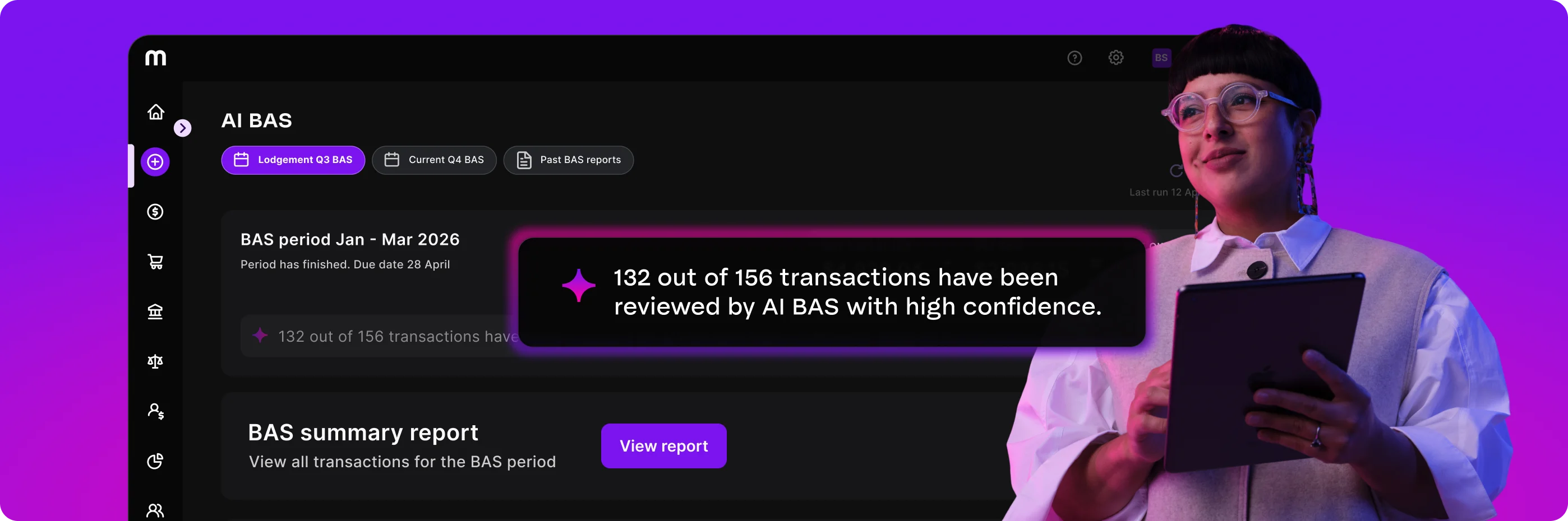 A person holding a tablet beside a dark dashboard showing AI BAS transaction review results, set against a purple background.