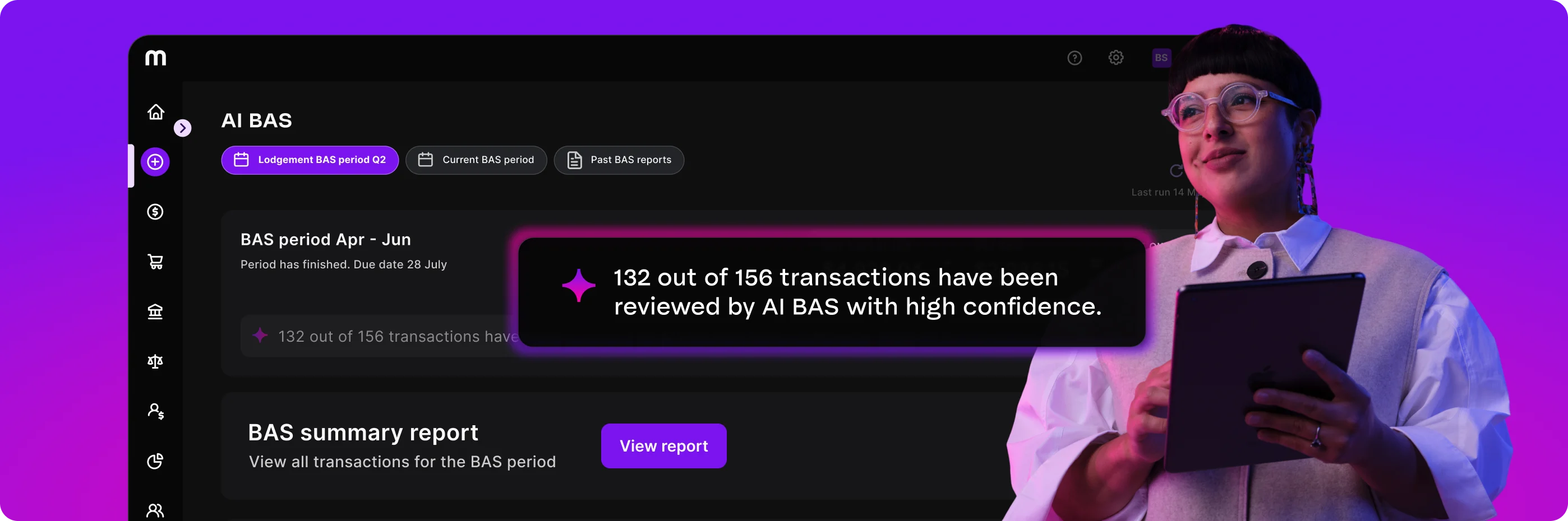 A person holding a tablet beside a dark dashboard showing AI BAS transaction review results, set against a purple background.