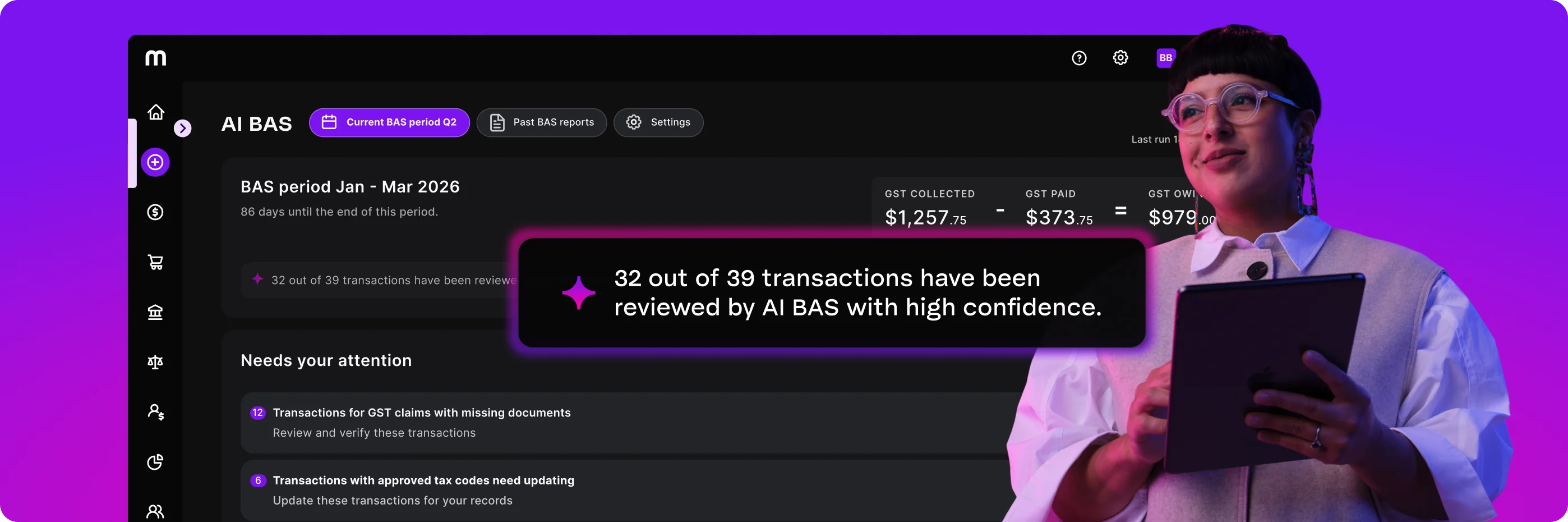 A person holding a tablet beside a dark dashboard showing AI BAS transaction review results, set against a purple background.