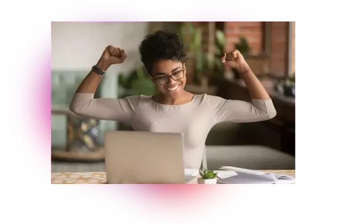 A woman with curly brown hair wearing glasses raises her fists in the air with a smile on her face. In the foreground, there's a screenshot of a graph with three lines all trending upwards. 