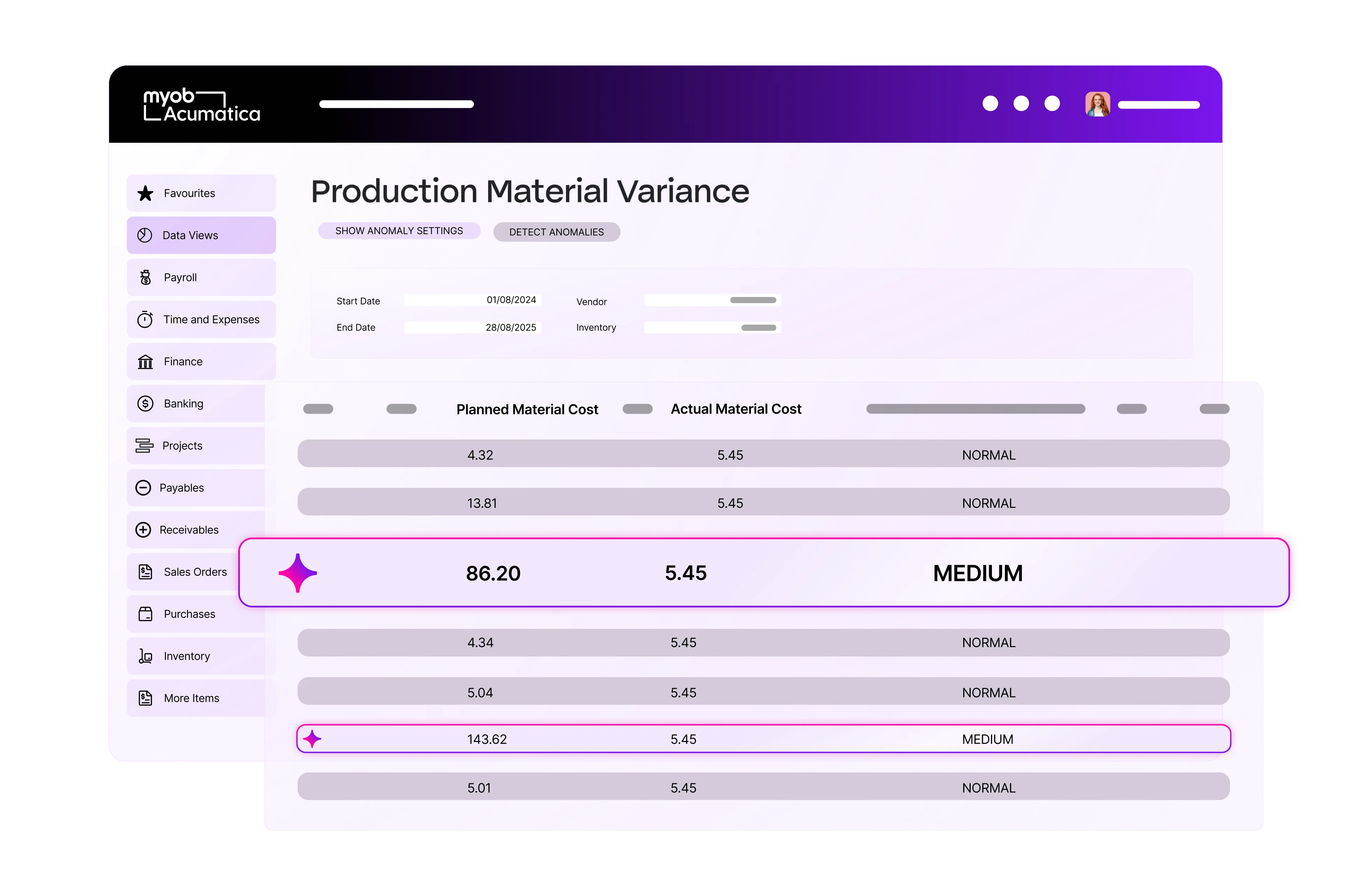 MYOB Acumatica Production Material Variance screen highlighting medium anomalies in planned vs actual material costs.