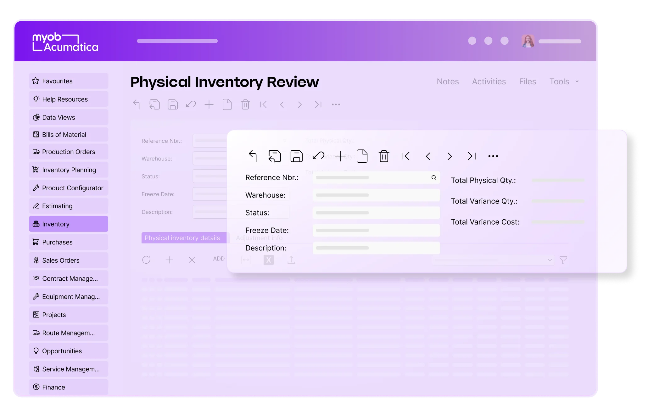 Acumatica Physical Inventory Review screen showing fields for reference number, warehouse, status, freeze date and description, alongside totals for physical quantity, variance quantity and variance cost.