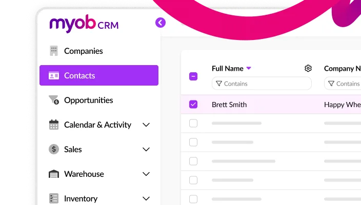 A rendering of the MYOB CRM portal, with the contacts tab selected.