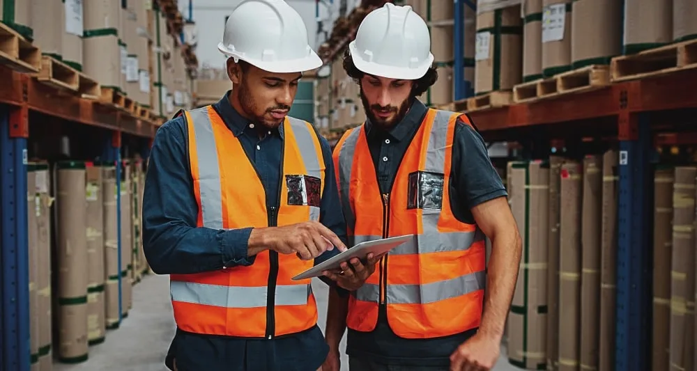 Two warehouse staff in high-vis vests and hard hats review information on a tablet. 