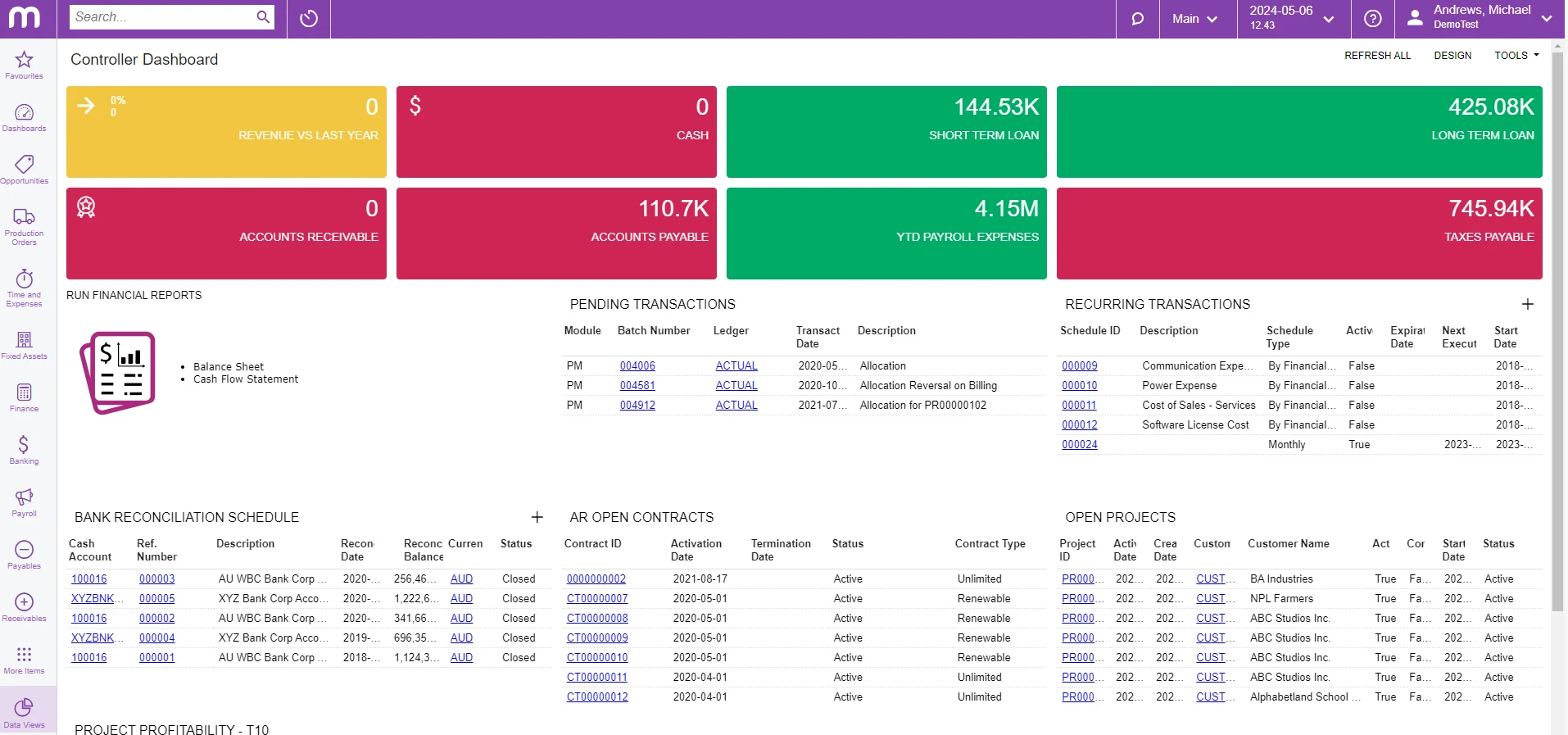 Your finance controller dashboard will show you pending transactions, recurring transactions, bank reconciliations. It also includes open contracts and projects.