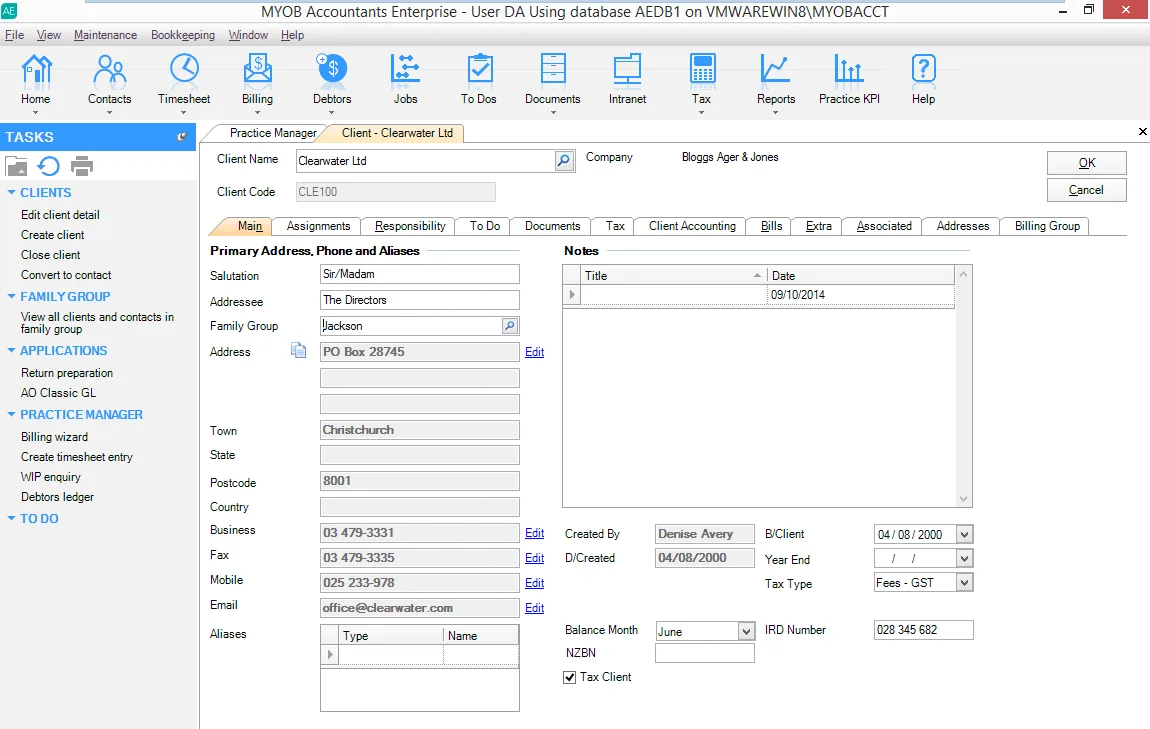 Filling in client details in Accountants Enterprise Practice Manager module