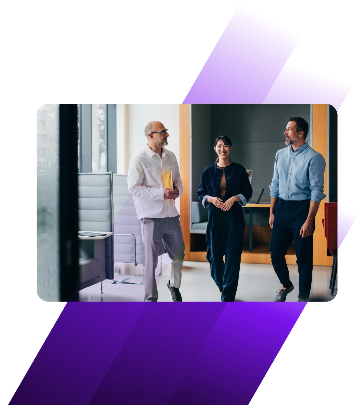Three diverse professionals walking together in a modern office space with purple gradient design elements framing the image.