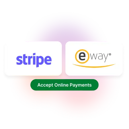 A render of the "stripe" and "eWay" logos beside each other, with a button labeled "Accept Online Payments" underneath.
