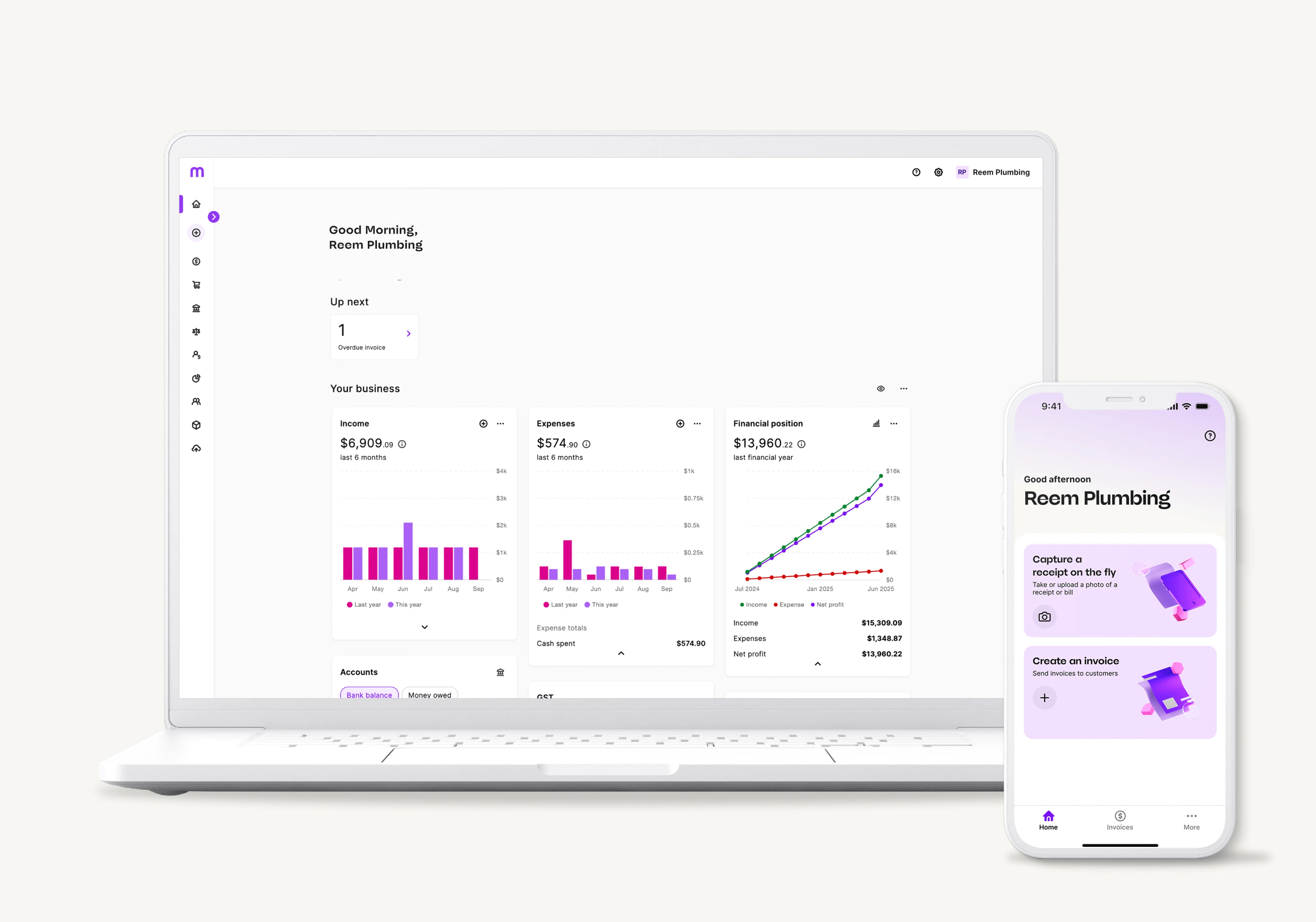 The MYOB Assist app pairs with your MYOB Business subscription, allowing you to send invoices and upload receipts from your phone with real-time sync.