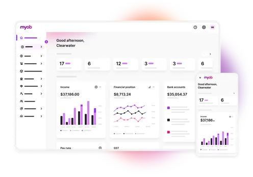 The MYOB Business dashboard includes helpful information at a glance. This includes income charts, financial position graphs and details on your business bank accounts. All of this information is avaliable on desktop and mobile.