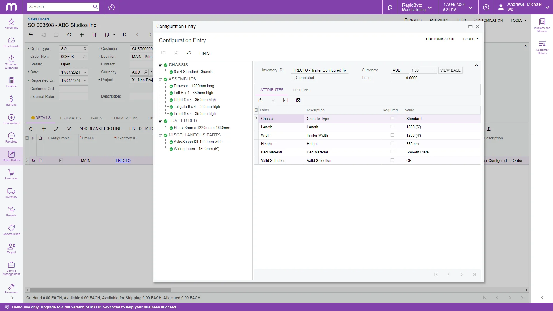 With MYOB Acumatica, you can configure new products fast, with fields like size and material. Our flexible ERP software allows you to customise product configuration flows to suit your unique manufacturing business.