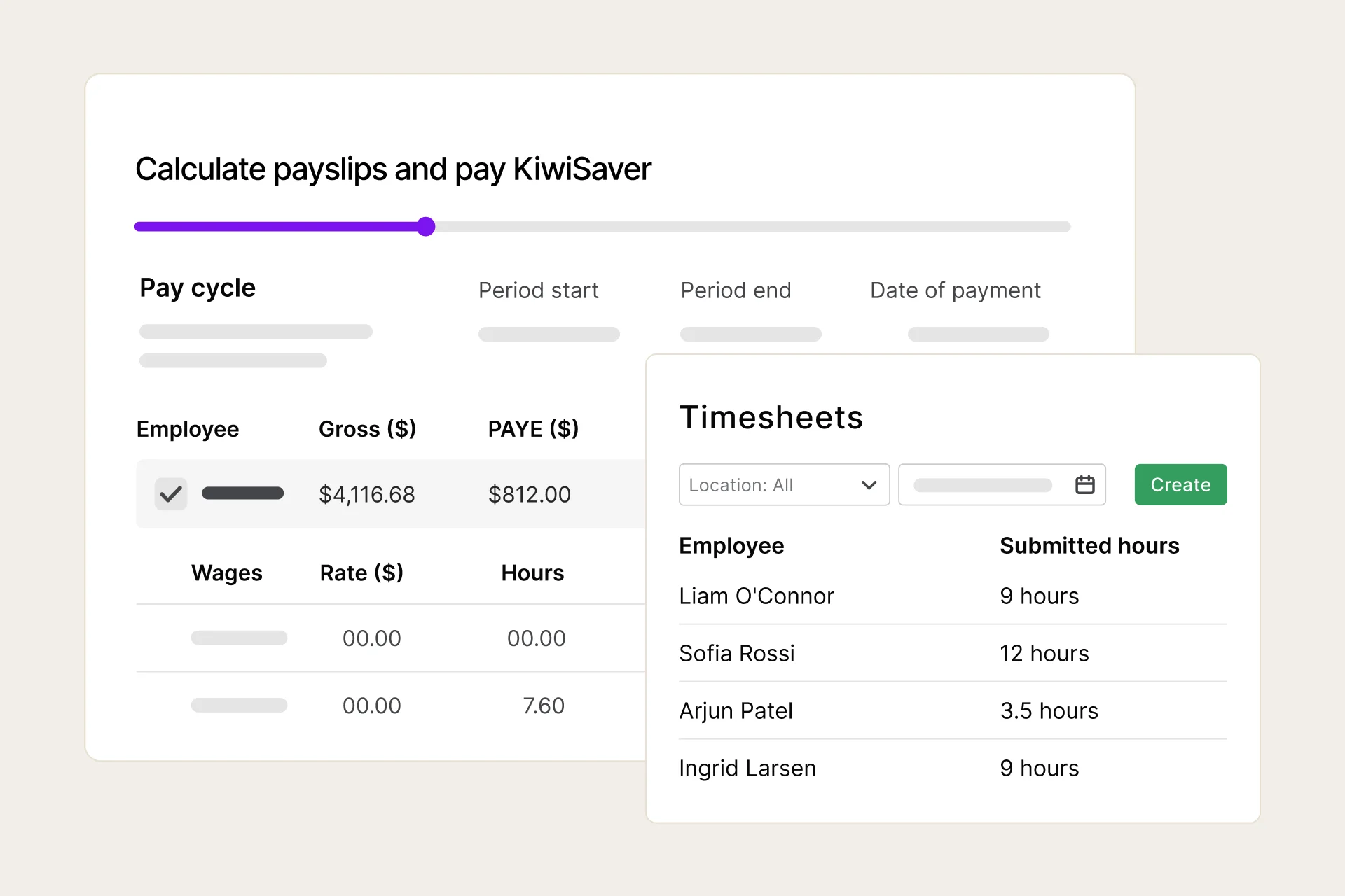 The timesheets listing employee rostered and submitted hours are used to calculate employee pays and KiwiSaver contributions