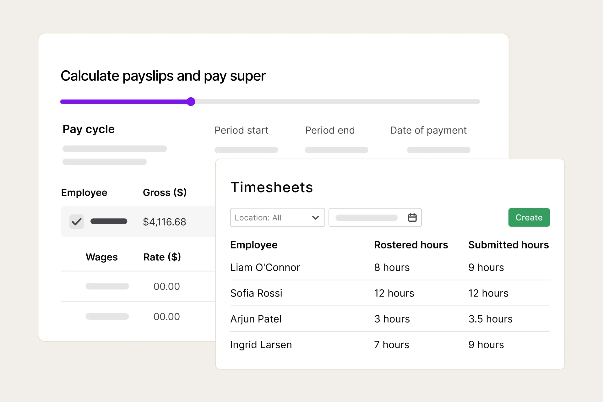 The timesheets listing employee rostered and submitted hours are used to calculate employee pays and super contributions