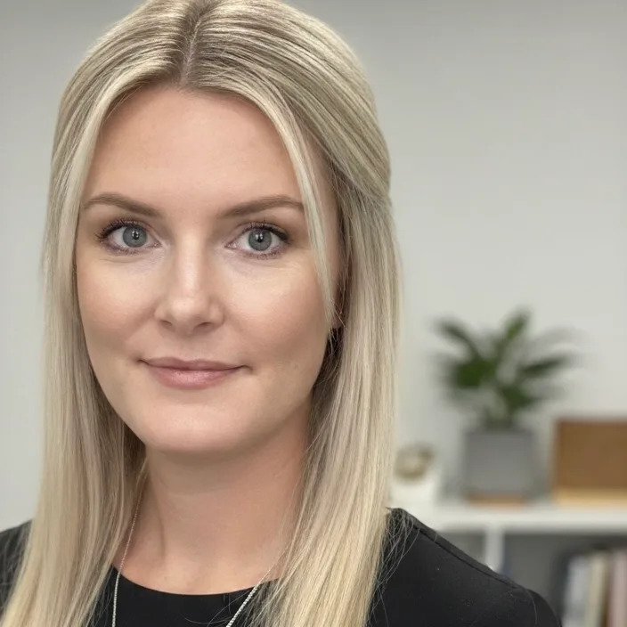 A woman with long blonde hair and blue eyes wearing a black top, photographed in an office setting with a plant in the background.