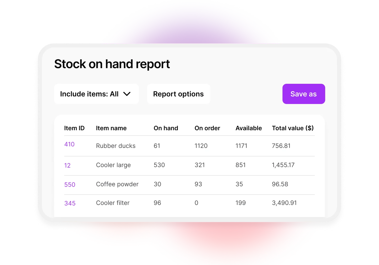 An illustration of the stock on hand report available in MYOB Business. The report includes a dropdown menu for you to select which items in your stock to include. The report then shows the item id, item name, how many you have on hand or on order, how many items are available and the total value of the item.