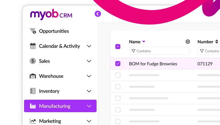A rendering of the MYOB CRM portal, with the manufacturing tab selected.