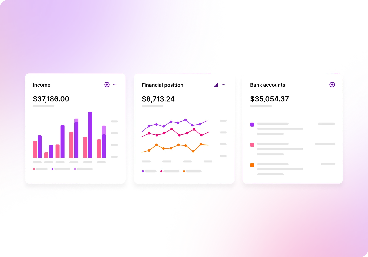 With reports you can see income and expense reports, monitor your financial position over time and connect bank accounts. 