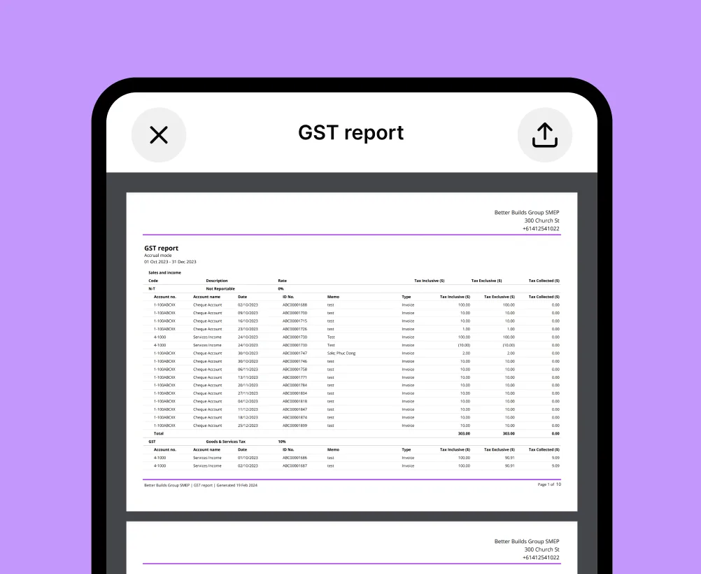 Solo by MYOB mobile app screen of GST Report