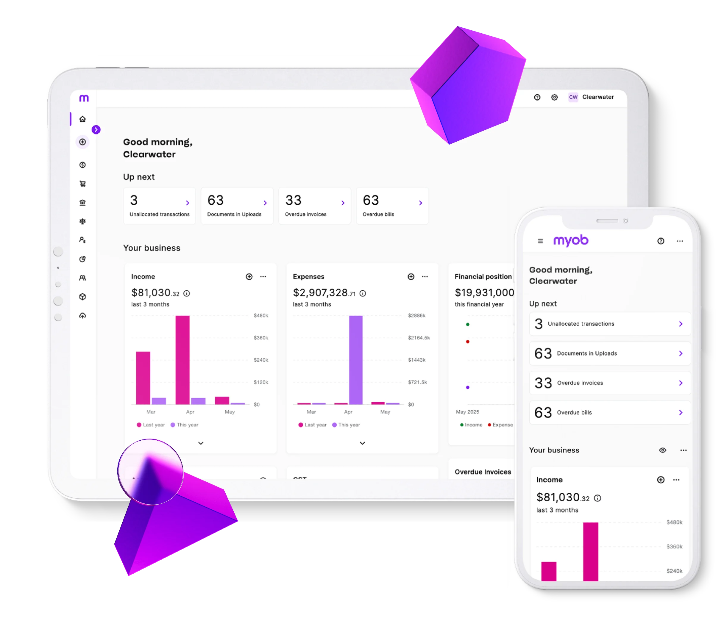 You can view your MYOB Business dashboards, income and expense tracking and invoicing from your desktop and your mobile phone.