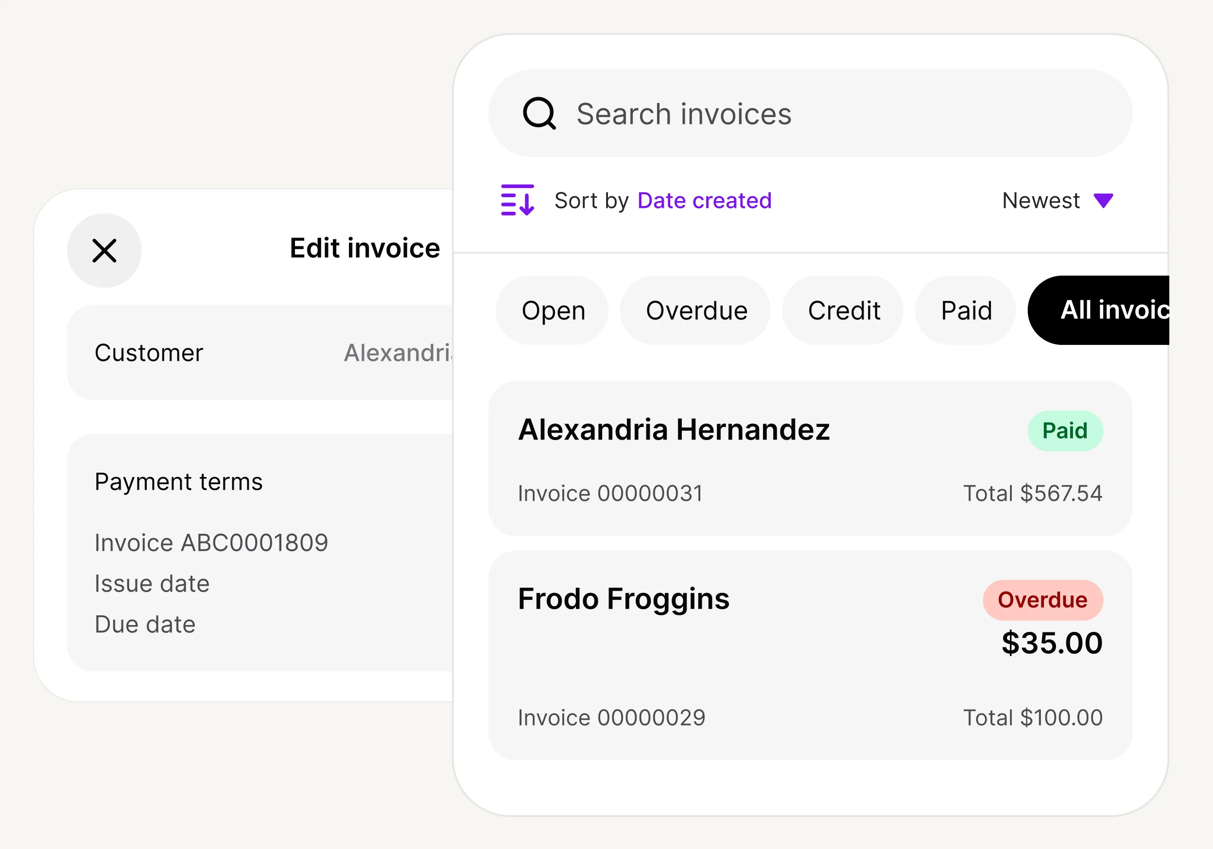 Invoice management interface showing edit screen, search bar, and list of invoices with payment statuses for different customers.