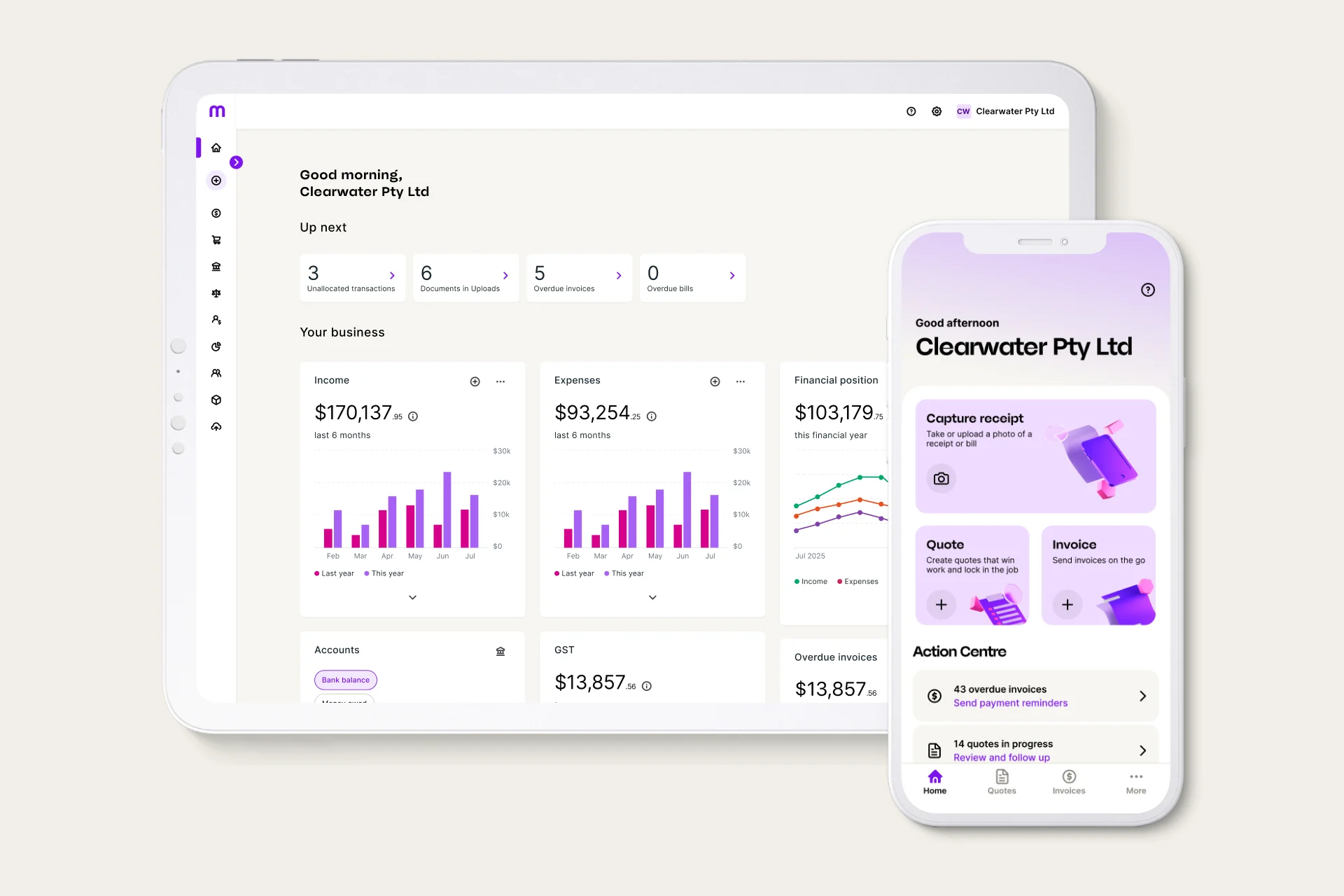 A tablet and smartphone display a business accounting dashboard for Clearwater Pty Ltd, showing income, expenses, and financial charts.