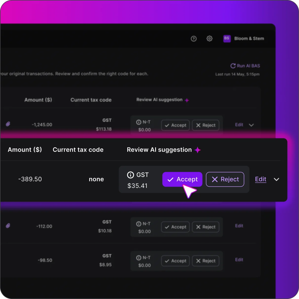 Dark-themed tax software UI showing AI tax code suggestions with Accept and Reject buttons for transactions.