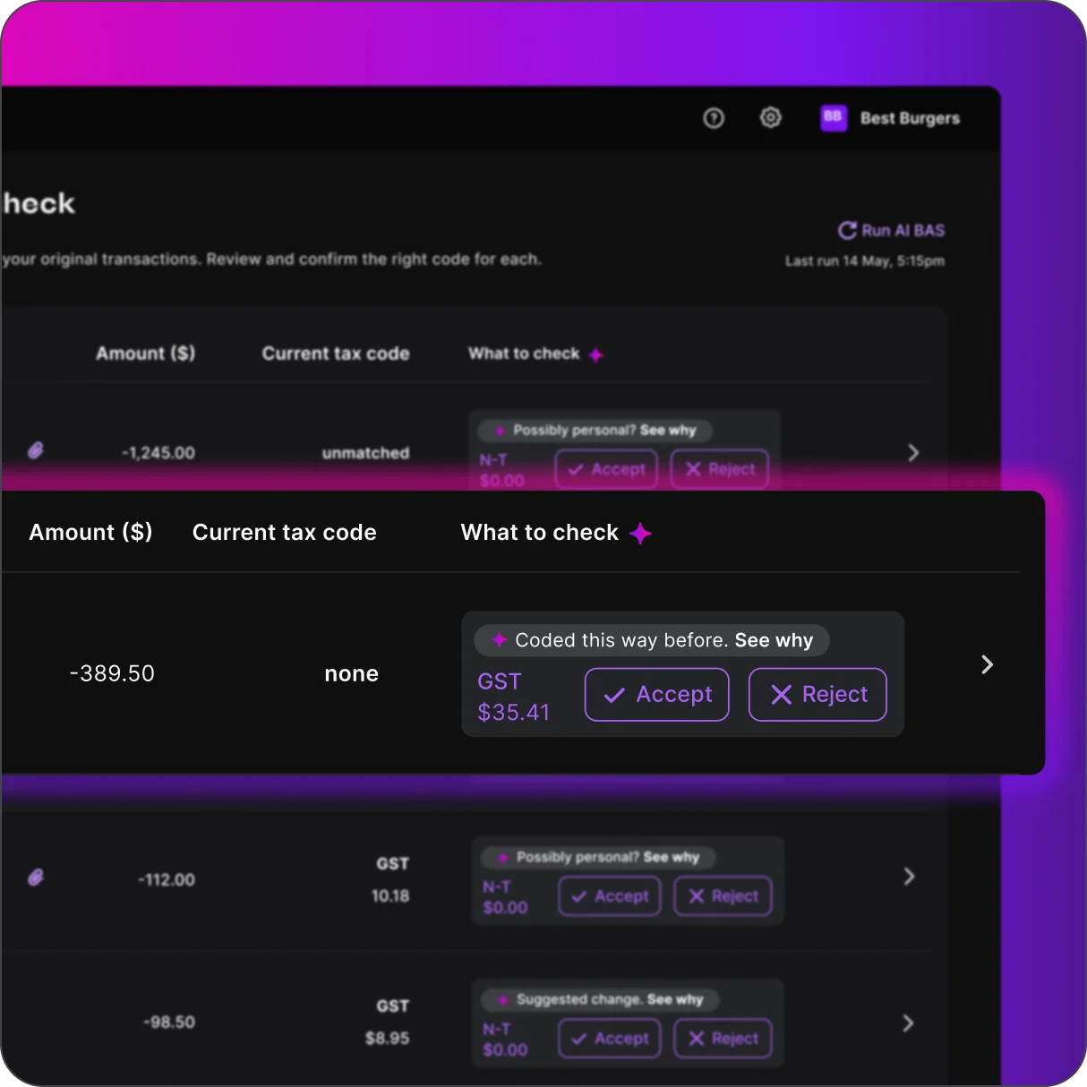 Dark-themed tax software UI showing AI tax code suggestions with Accept and Reject buttons for transactions.