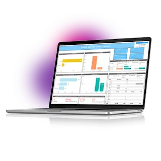 GreatSoft dashboard on laptop with various blurred out charts and spreadsheet fields. 