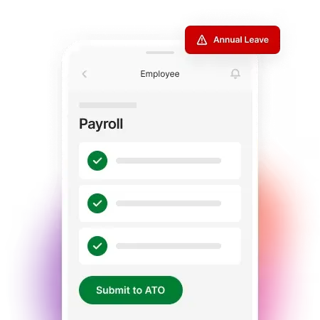 Mobile screen with payroll submission. Button says "submit to ATO" 