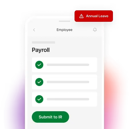 Mobile screen with payroll submission. Button says "submit to IR" 