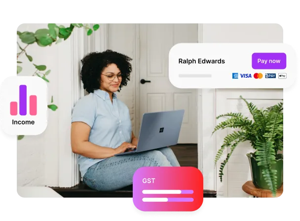 Person smiles at their laptop, alongside screen captures of MYOB Business software features, including invoicing, automatic GST calculation and income/expense tracking.