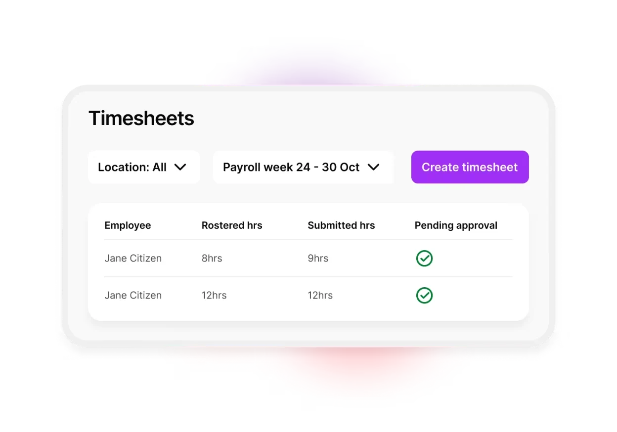 Timesheets for job management with employee name, rostered hours, submitted hours and approval