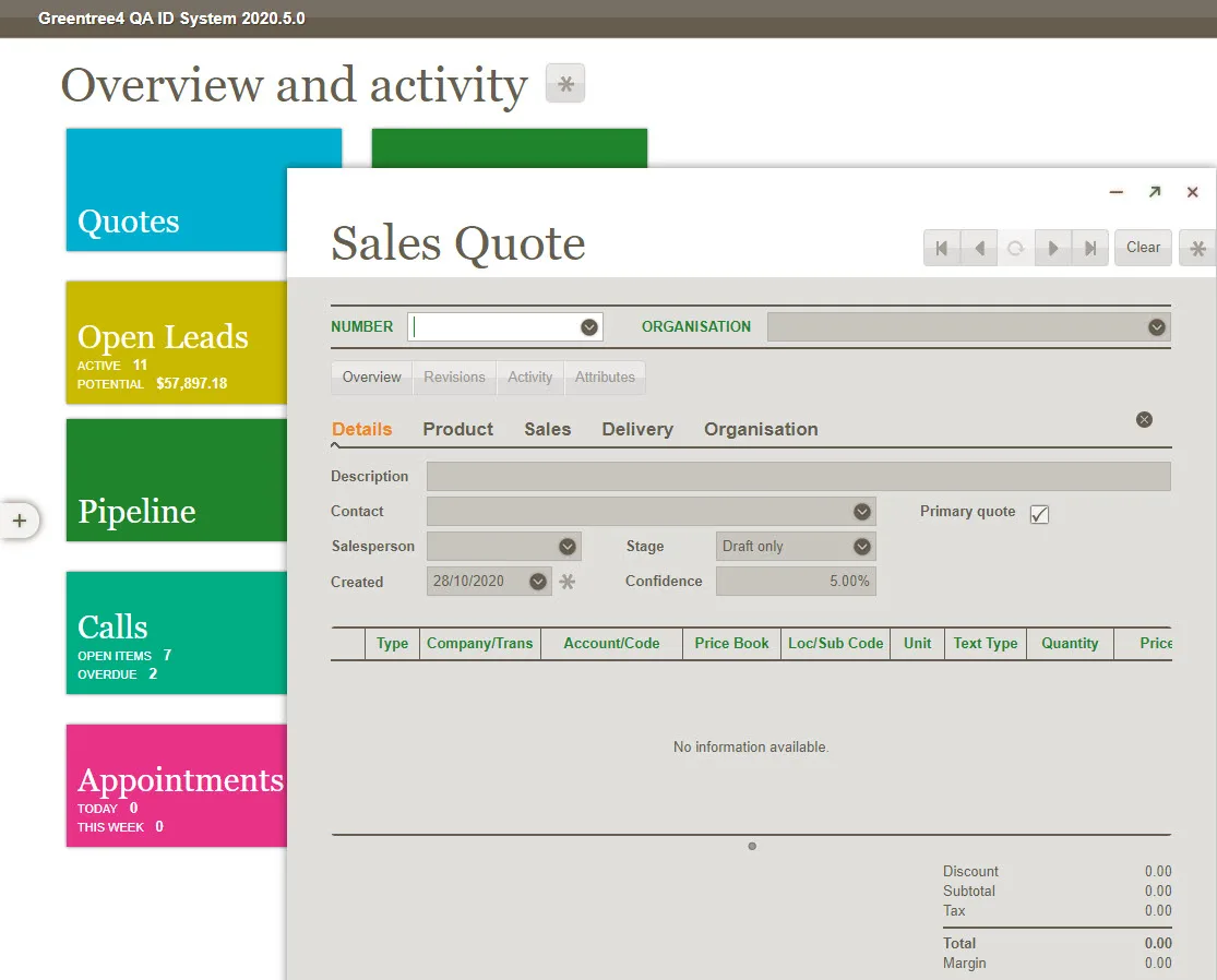Sales quote tab for the MYOB Greentree product
