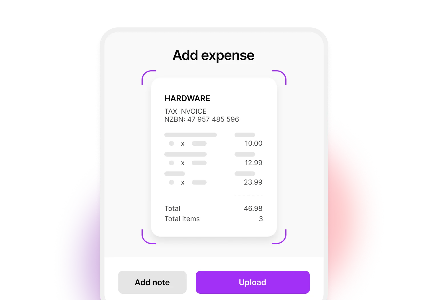 User takes a photo with their phone and the app will pull the details and add them to MYOB software. You can even add notes to remind you of the details later on.