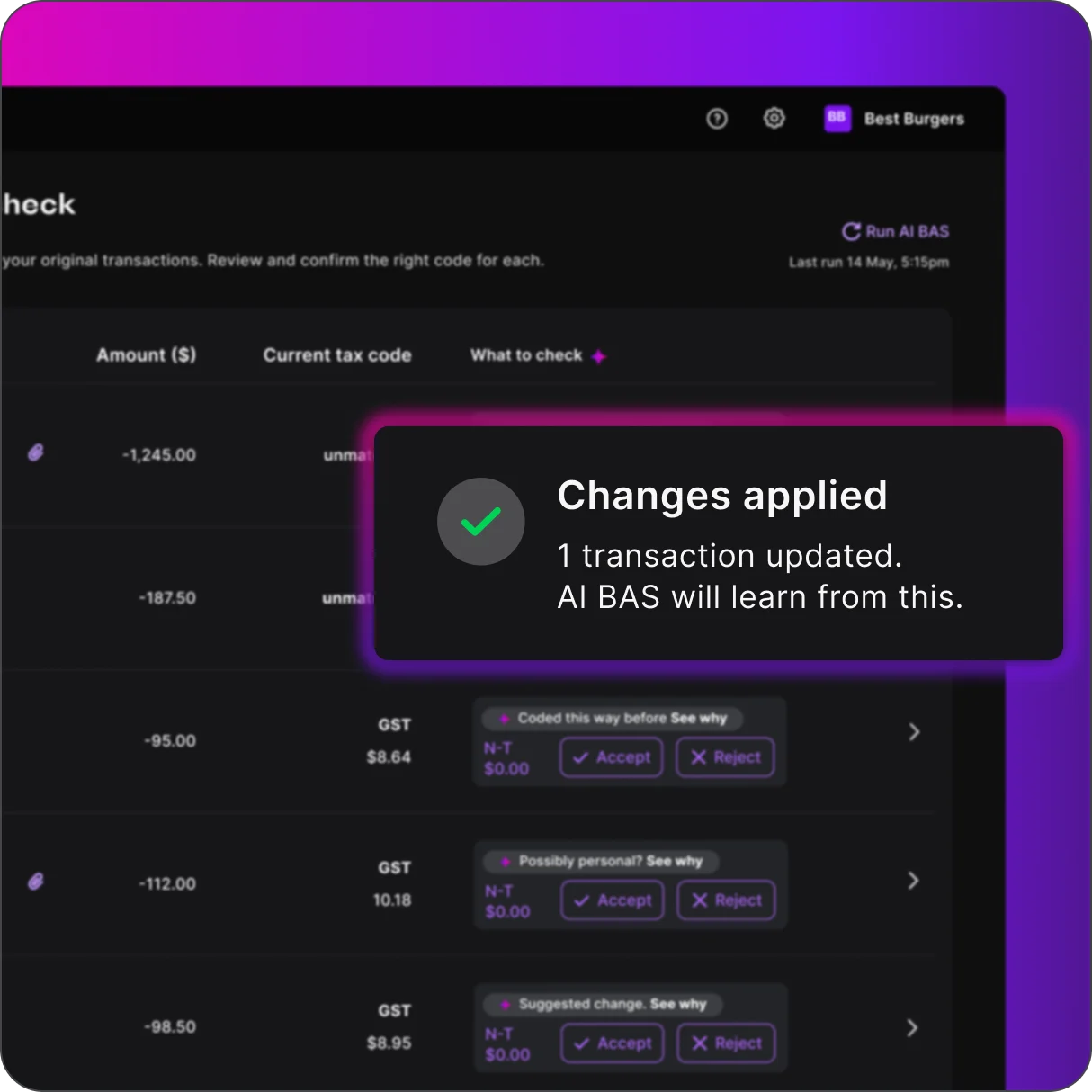 Dark UI screen showing a "Changes applied" success popup confirming books and BAS are in sync after saving updates.