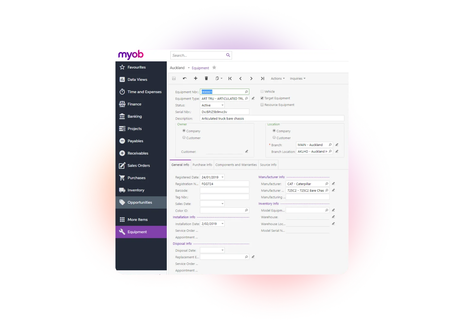 Manage your equipment with item codes, manufacturing details and inventory status in one place.