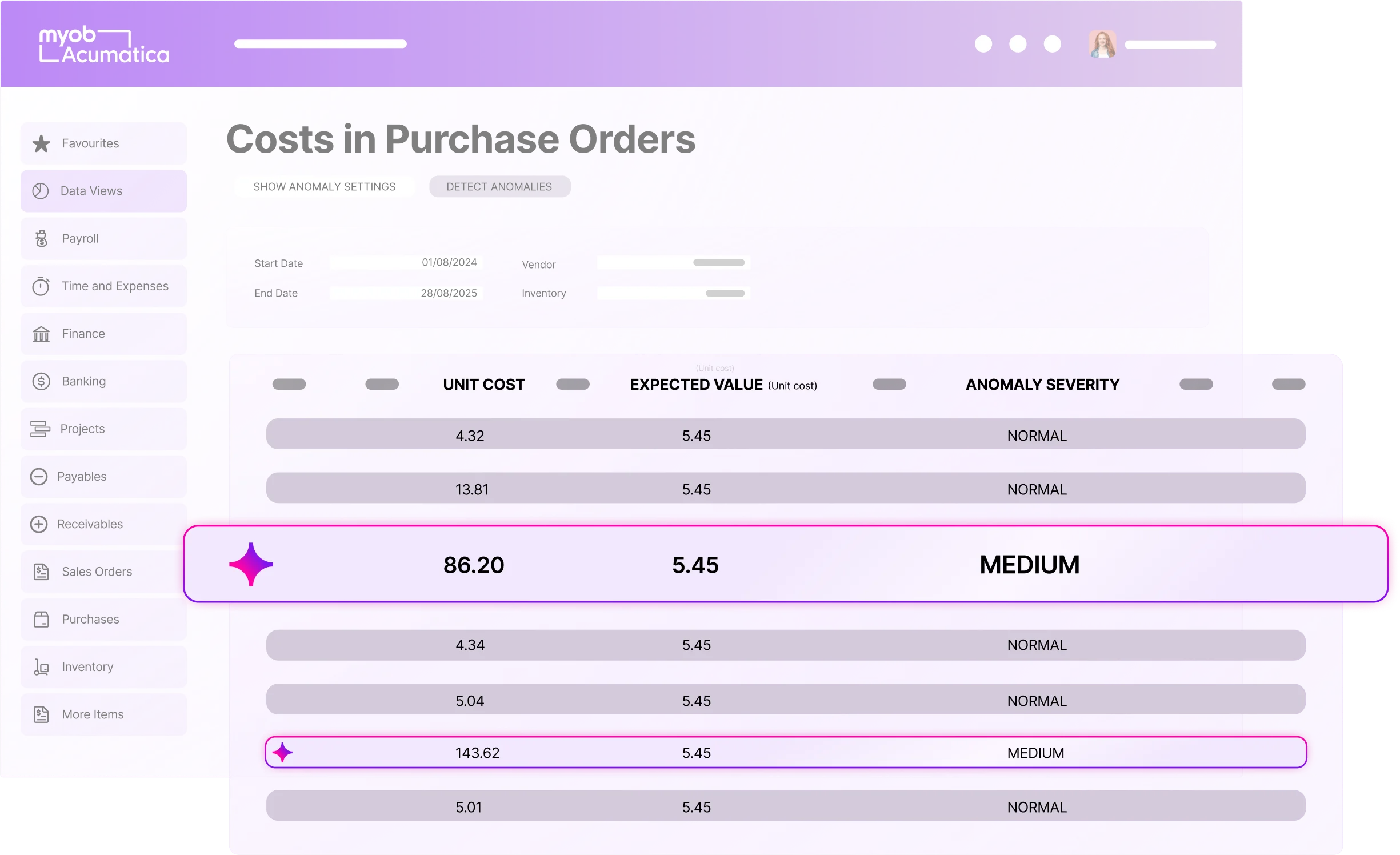 MYOB Acumatica Costs in Purchase Orders screen showing anomaly detection with highlighted medium severity rows flagged in pink.