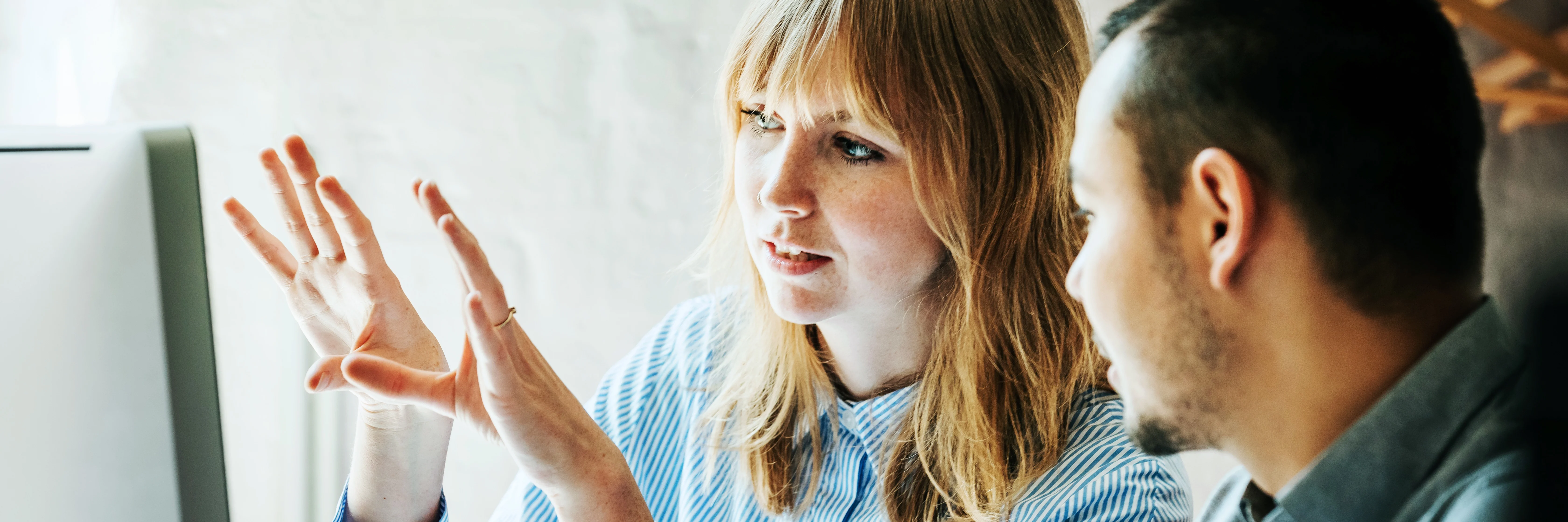 Colleagues looking at desktop screen and discussing ERP Software Implementation.
