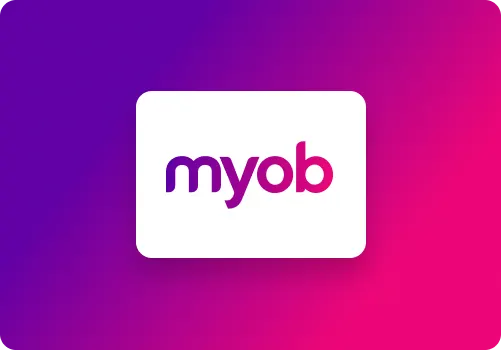 MYOB logo on gradient background.