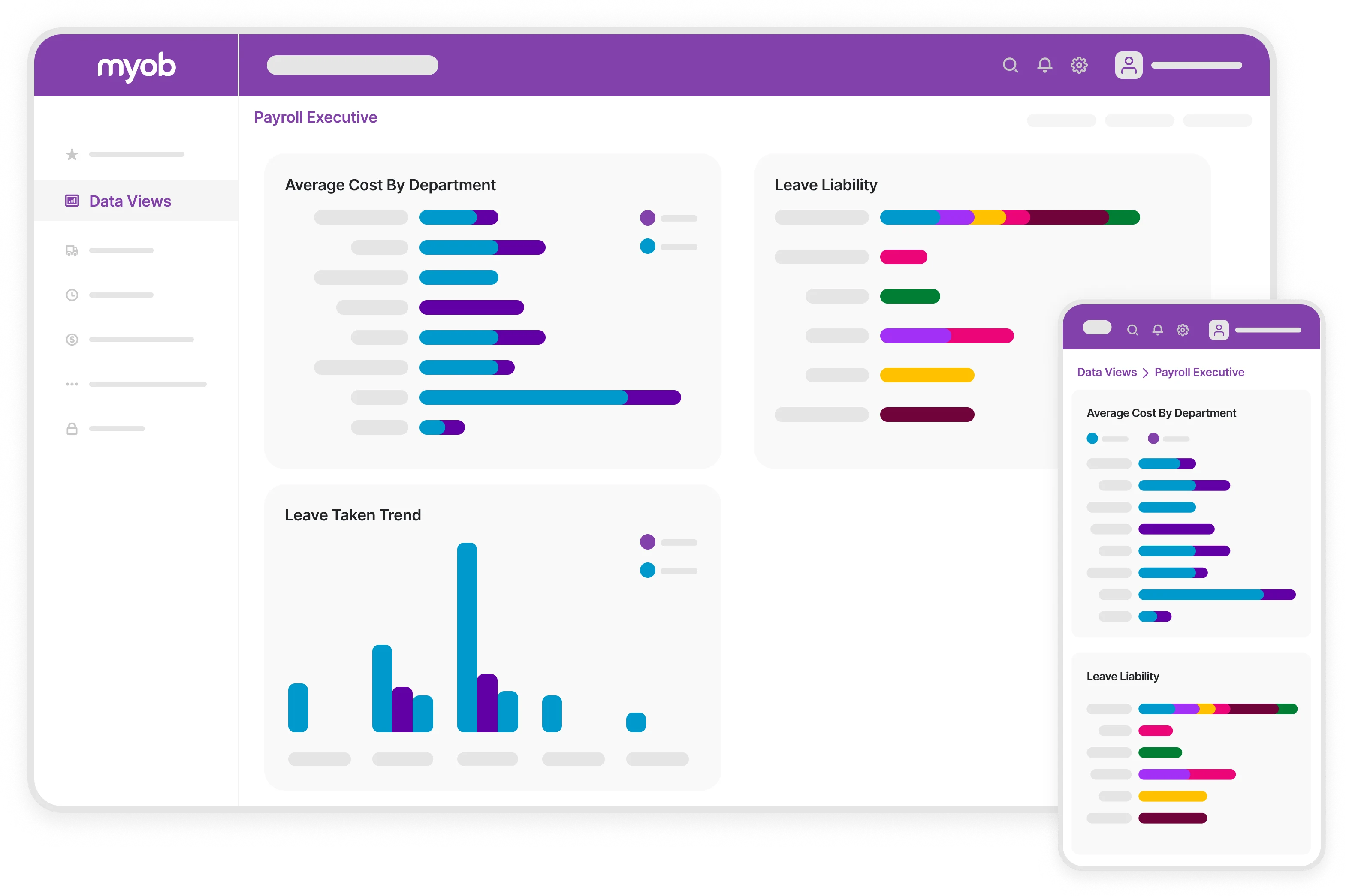 The Payroll Executive dashboard shows employee details and leave information and liabilities in a single view. You can access the executive dashboard on mobile and desktop.