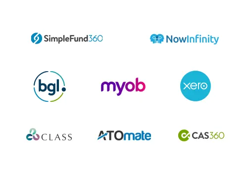 GreatSoft integrates with MYOB, Xero, BGL, Class, CAS360, NowInfinity, ATOmate, SimpleFund360